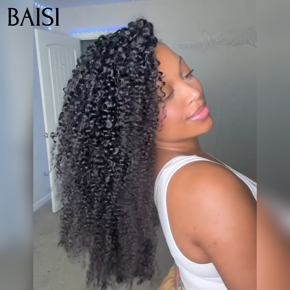 BAISI Extensions Plumes 100% Cheveux Humains Kinky Curly Noire Pose Etape par Etape en Crochet Rendue Plus Longue Plus de Volume en 100% Cheveux Humains