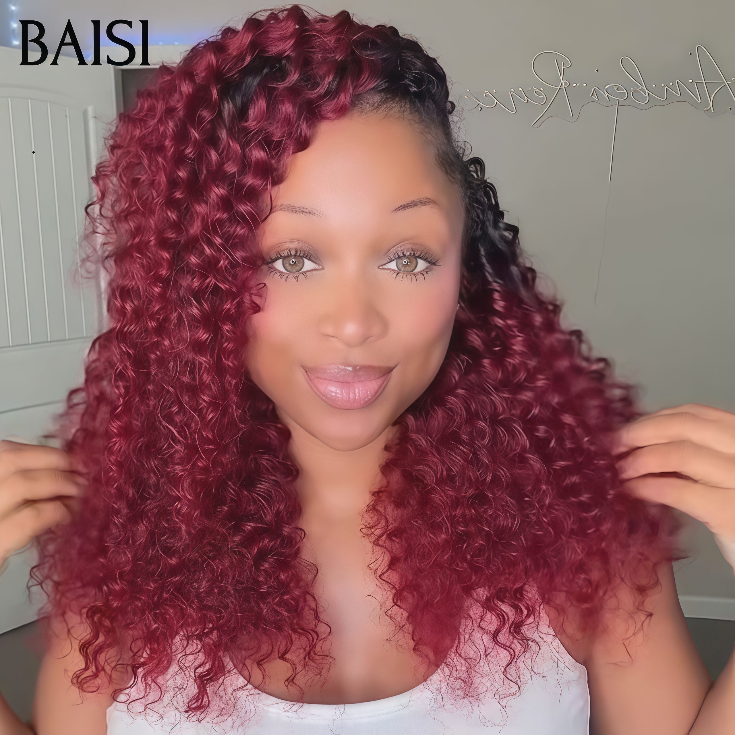 BAISI Extensions Plumes Cheveux Humains Rouge Bordeaux 99J#   en Crochet Texture Curly Wave Installation Etape par Etape Facile et Simple Rendu et naturel en 100% Cheveux Humains