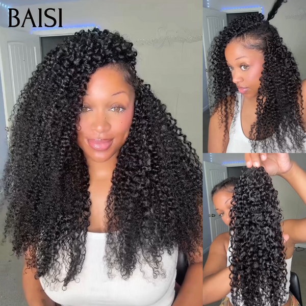 BAISI Extensions Plumes 100% Cheveux Humains Kinky Curly Noire Pose Etape par Etape en Crochet Rendue Plus Longue Plus de Volume en 100% Cheveux Humains