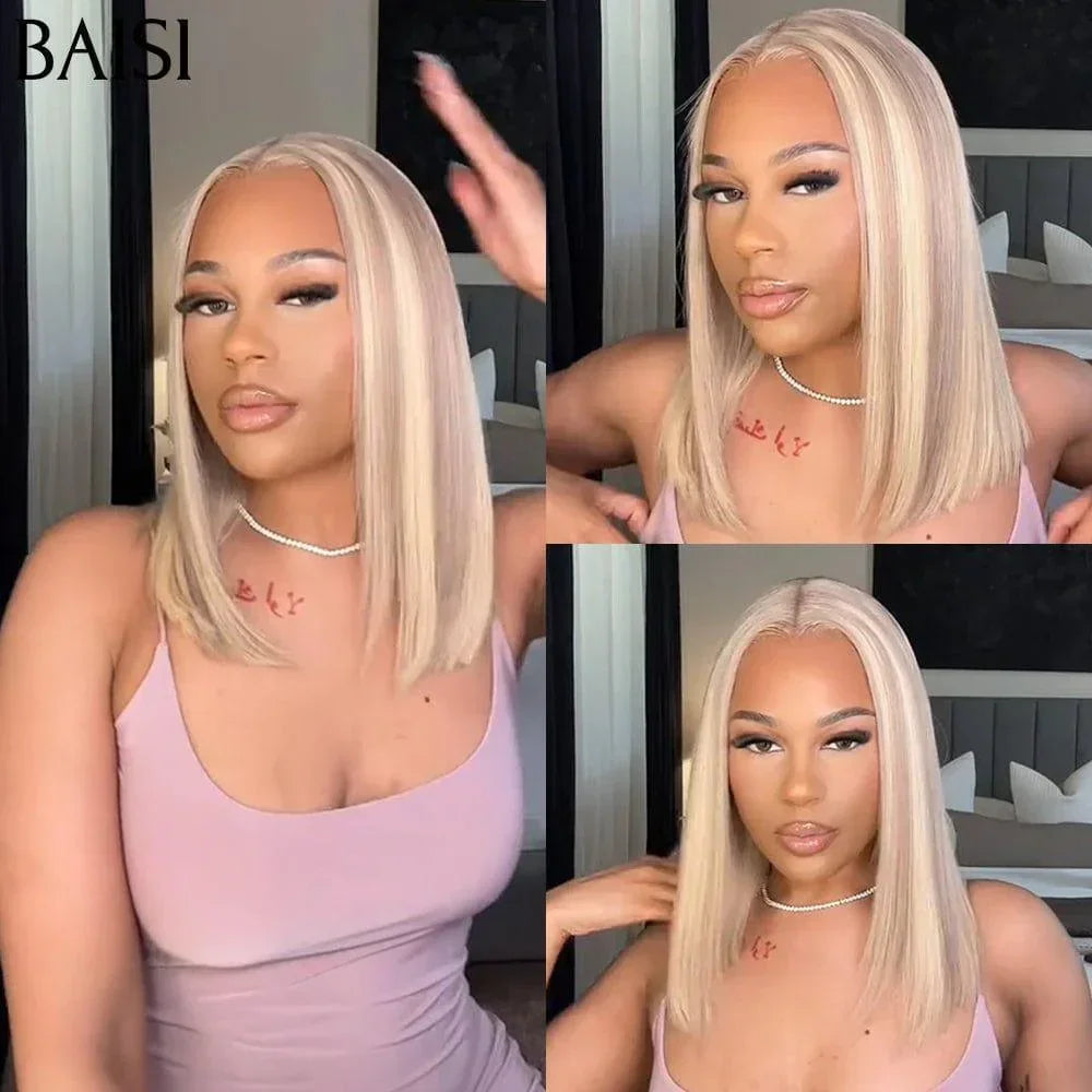 BAISI 13X4 Bob reto peruca em cinza misto 70 # pré-arrancado sem necessidade de cola em cabelo 100% cru renda já cortada