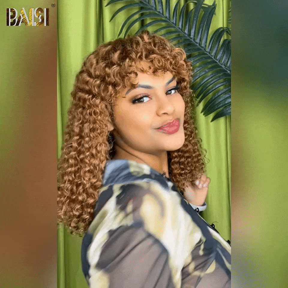 Parrucca riccia BAISI con onde profonde e frangia 12 pollici nel colore 99J o marrone in capelli umani al 100% FR38