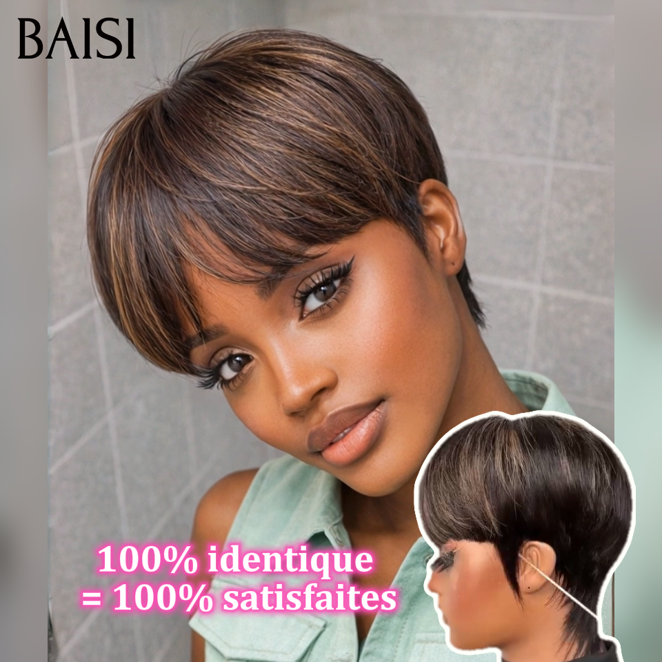 BAISI promotion 66€ Fabriqué à la Machine avec Frange Couleur mixte en sans Colle facile à porter Confortable en 100% Cheveux Humains