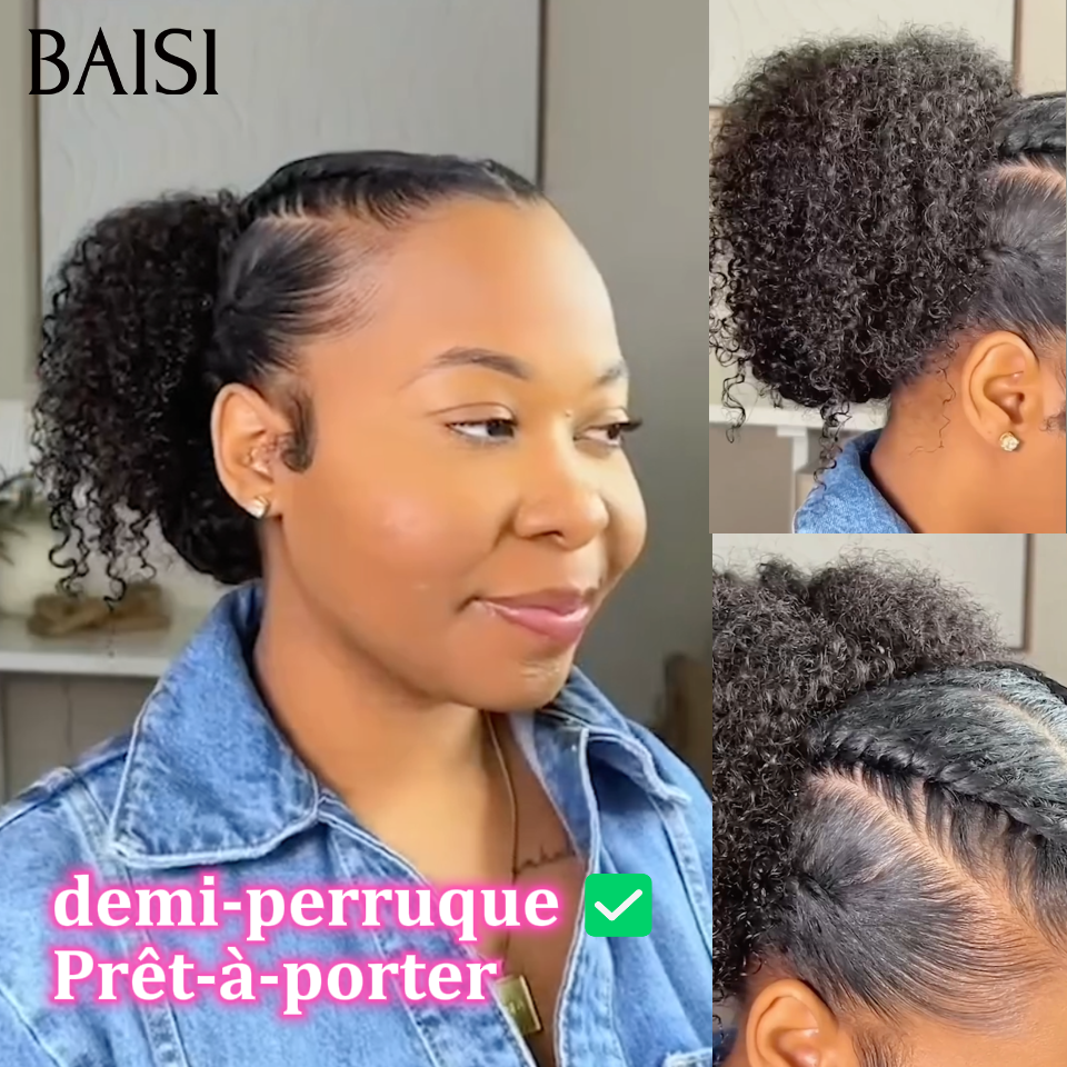 BAISI demi-perruque Prêt-à-porter extension chignon ponytail 16 Pouces 169€  En Couleur Noir kinky curly CURLY en 100% cheveux humains