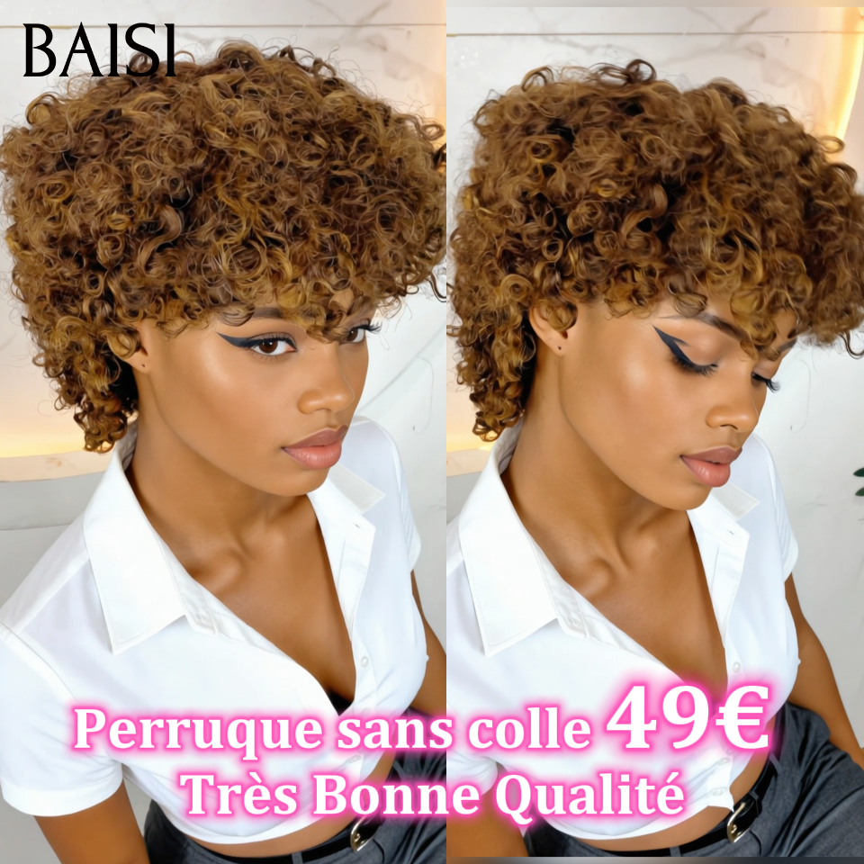 BAISI Perruque sans colle avec frange 49€ Très Bonne Qualité Fabriqué à la Machine curly wave 4# marron 100% cheveux humians