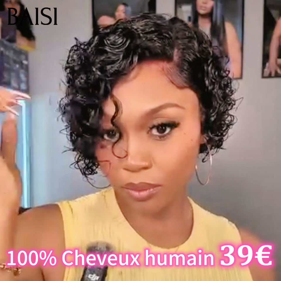 Promotion  Perruque pixie curly wave  39€  ou 4X4 closure curly wave noir 1B# perruque  10 pouces 69€ closure  en 100% Cheveux humain