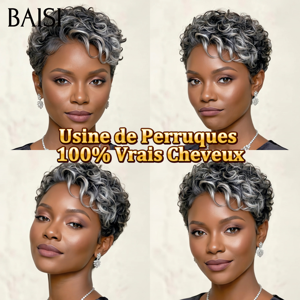 BAISI Usine de Perruques PROMO Chioma Pixie Gris rien que 79€ sans Colle Fabriqué à la machine facile à porter en 100% vrais cheveux humains
