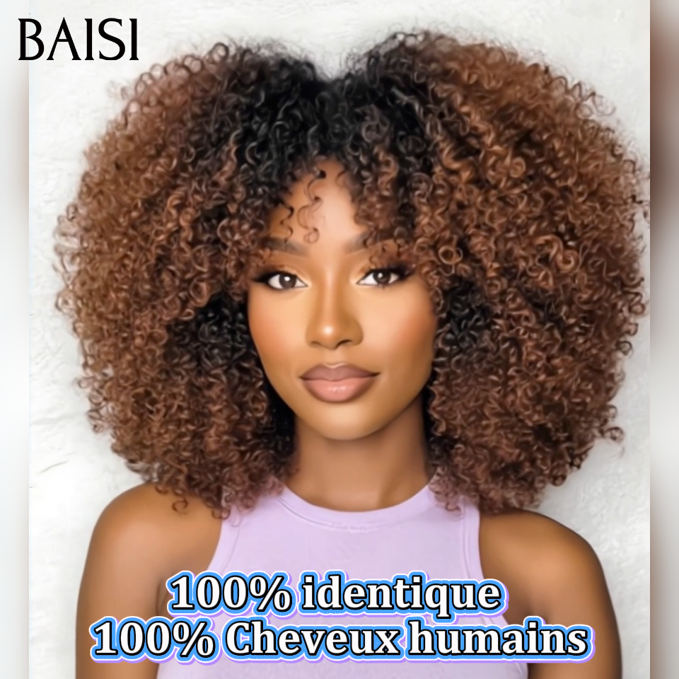 BAISI Perruque 100% identique BOB Prêt-à-porter kinky curly avec Frange 14 Pouces 400% Volume Super ébouriffée couleur Marron 1BT4# sans Colle Aéré sans être chaud en 100% Cheveux Humains