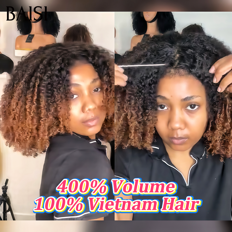 BAISI Perruque BOB Prêt-à-porter kinky curly avec Frange 14 Pouces 400% Volume couleur Marron 1BT4# sans Colle en 100%Vietnam Hair