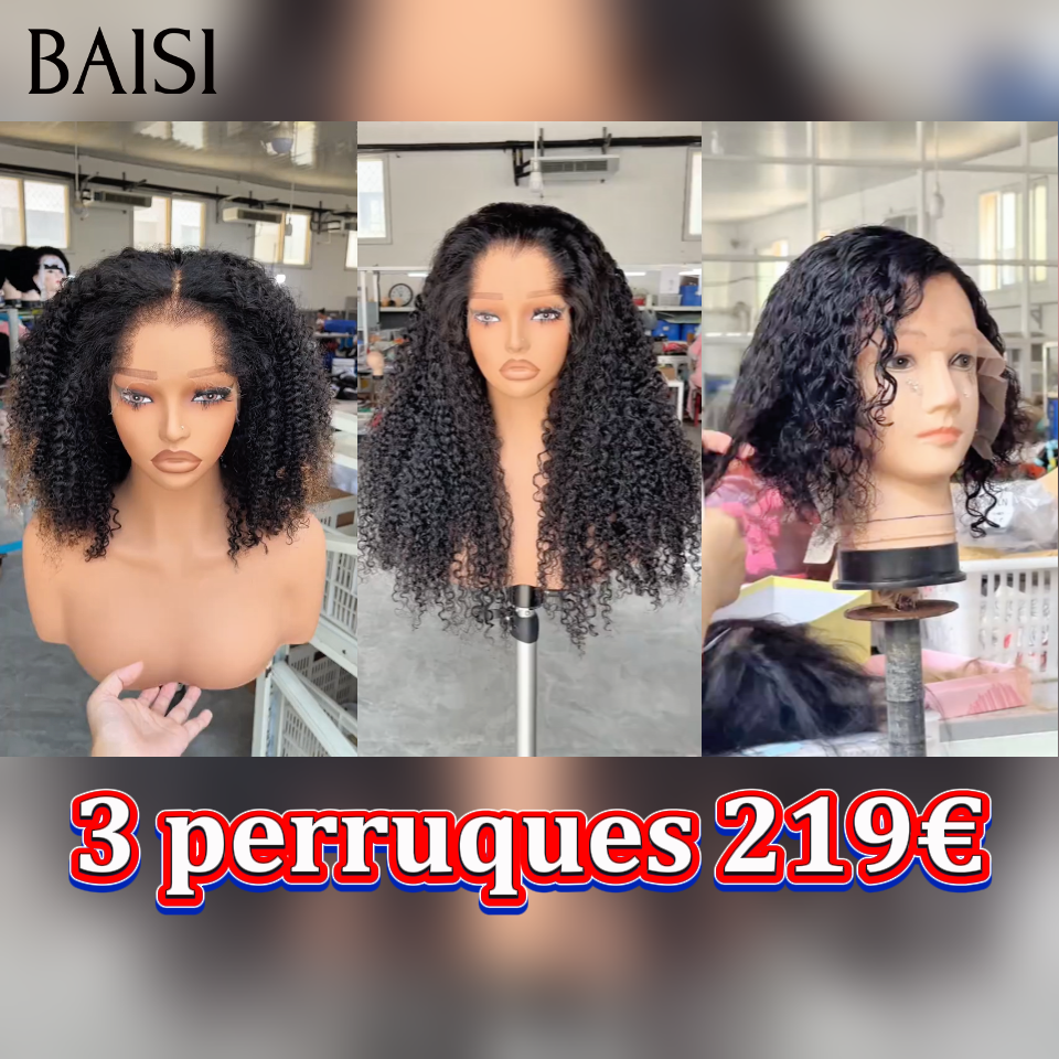 BAISI 3 perruques 219€ 13x4 lace frontale curly wave noir naturel et 100% cheveux raw hair