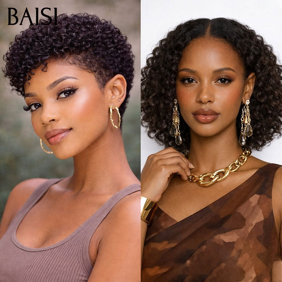BAISI 2 Bonne Qualité 139€ pixie curl ou curly wave 12 pouce ou Bouclée Egg Wave 65€ Moitié Prix en couleur Marron Mixte Miel En 100% Cheveux Humains
