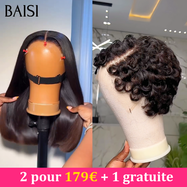 BAISI Lot de 2 Perruques + 1 Gratuite 179€ 2x6 Lace Closure bob Lisse Noir Marron 1BT/4# + 13x4 Lace Pixie Wave Courte Noir Excellent Choix Pour Revendeurs Débutantes Très Bonne Qualité en 100% Cheveux Humains
