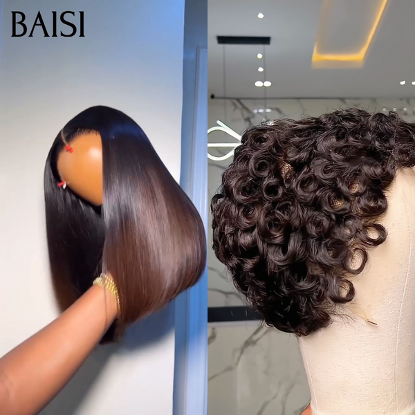 BAISI Lot de 2 Perruques + 1 Gratuite 179€ 2x6 Lace Closure bob Lisse Noir Marron 1BT/4# + 13x4 Lace Pixie Wave Courte Noir Excellent Choix Pour Revendeurs Débutantes Très Bonne Qualité en 100% Cheveux Humains