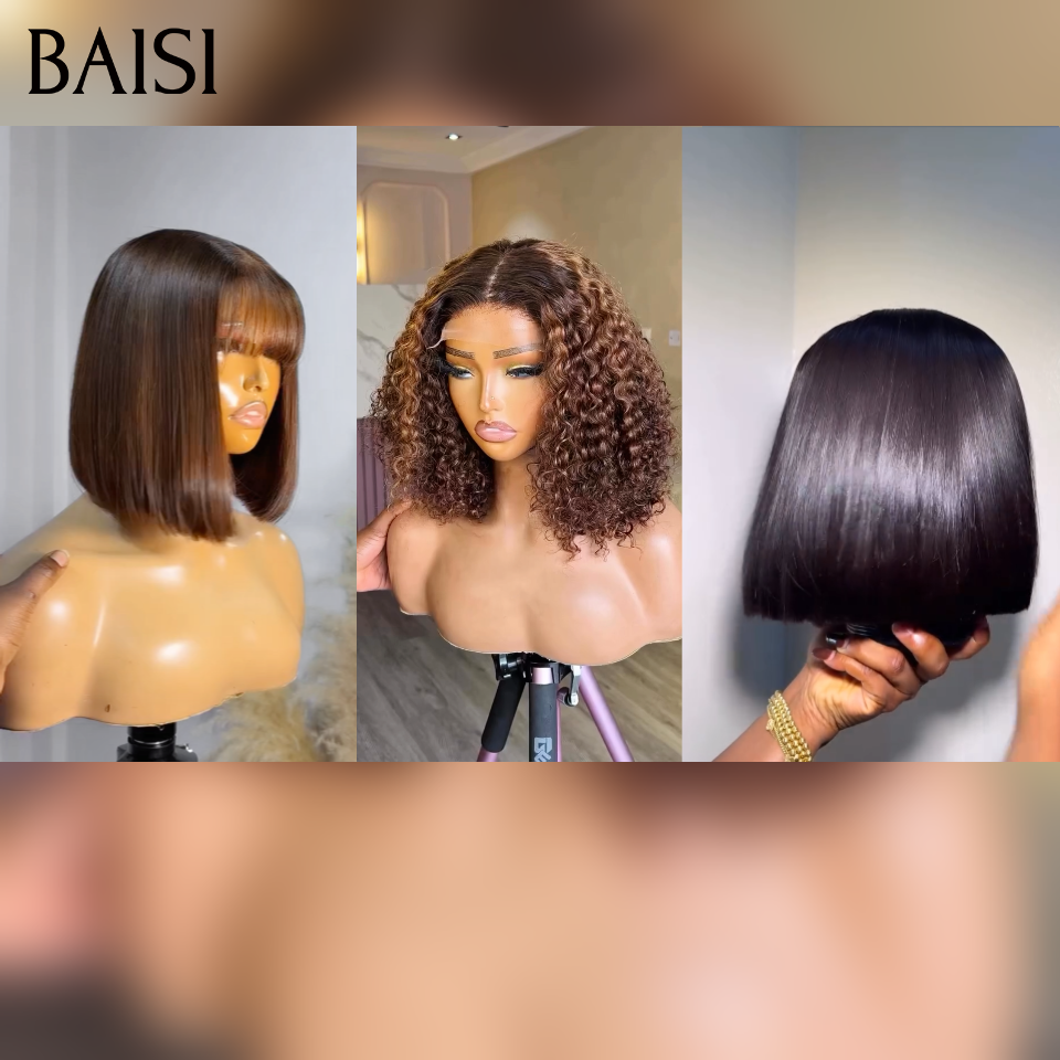 BAISI Achetez 3 Gagnez 4  Lot de 3 Perruques Bob 10pouces 249€ Carré Lisse Avec Frange Marron 4#  + Curly Couleur Marron 4# + Carré Lisse Noir En 100% Vrais Cheveux Humains
