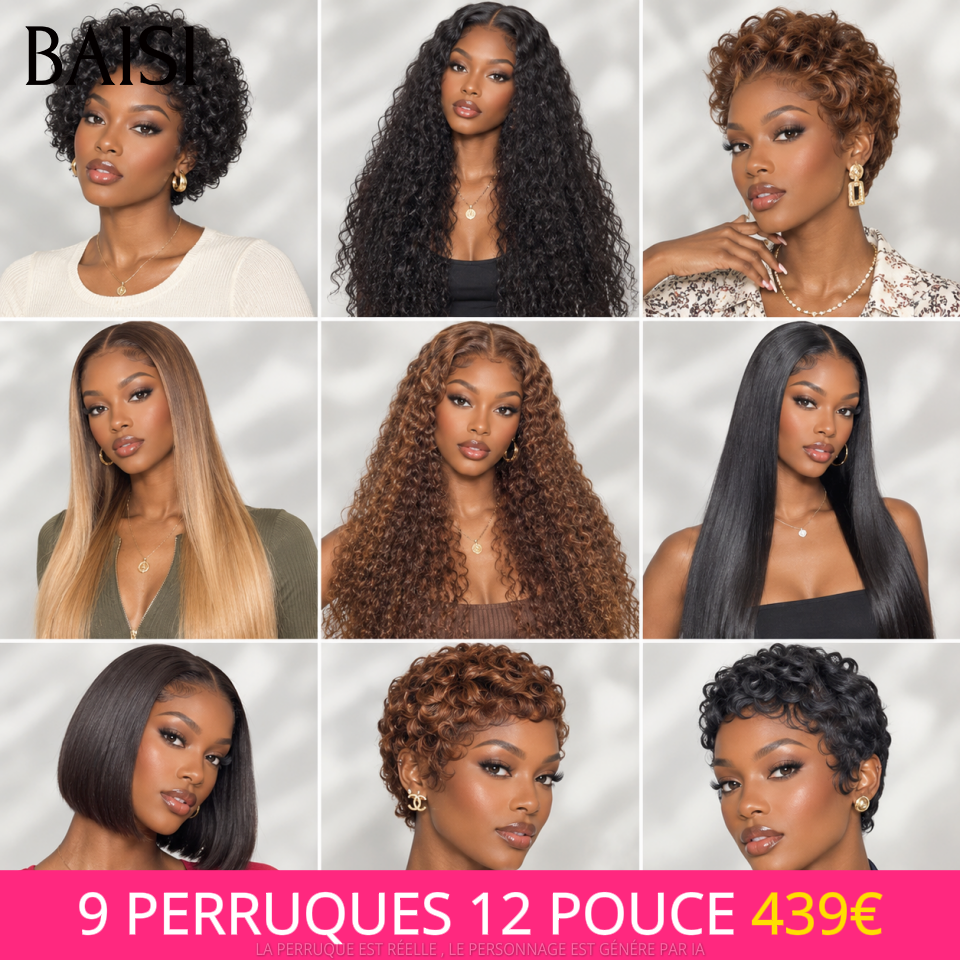 BAISI PROMO Ventes En Gros 9 Perruques 439€ 9 types de perruques différents pixie et Lisse et curly en 100% cheveux humains