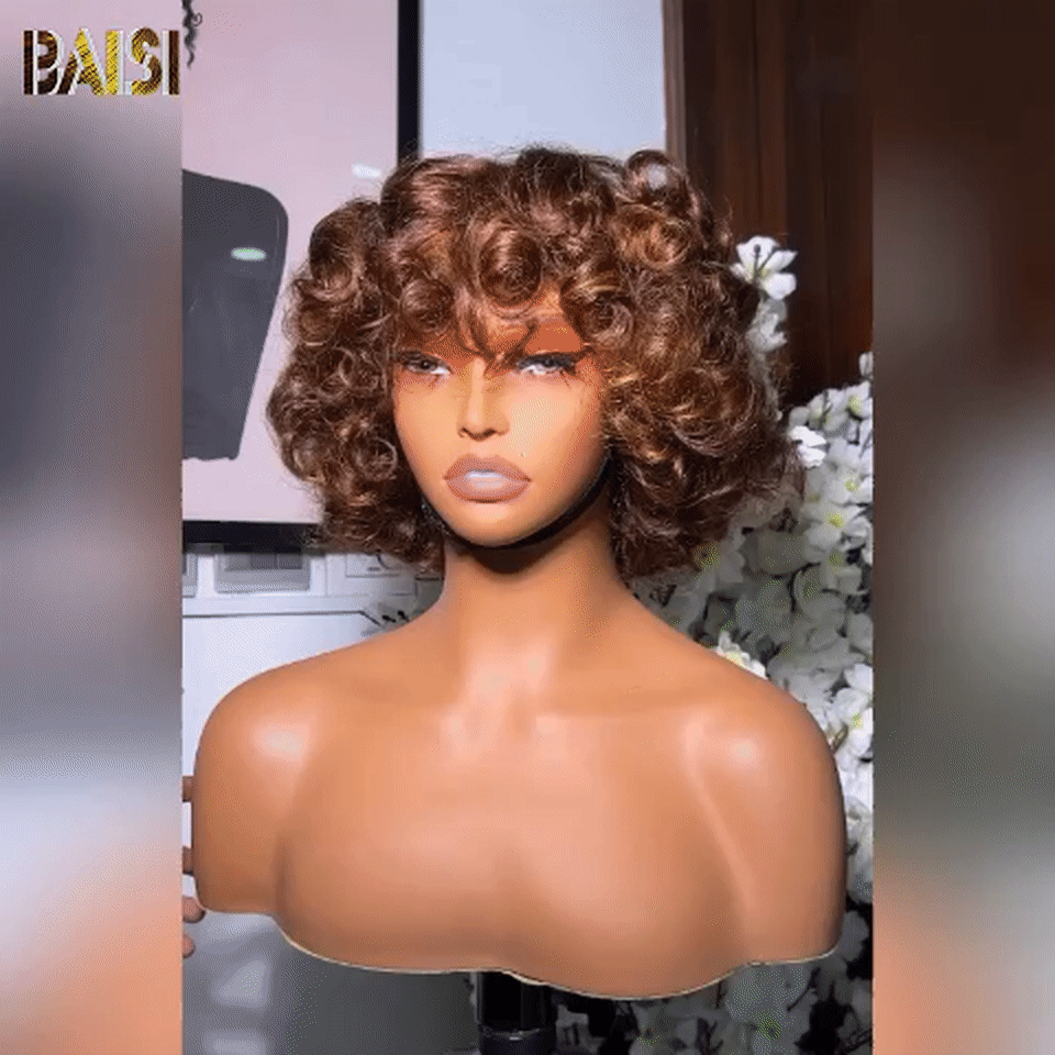 BAISI Flash Offer 82€ Curly Egg Curl Wig Bordeaux Red or Brown Without Lace Without Glue in 100% Human Hair