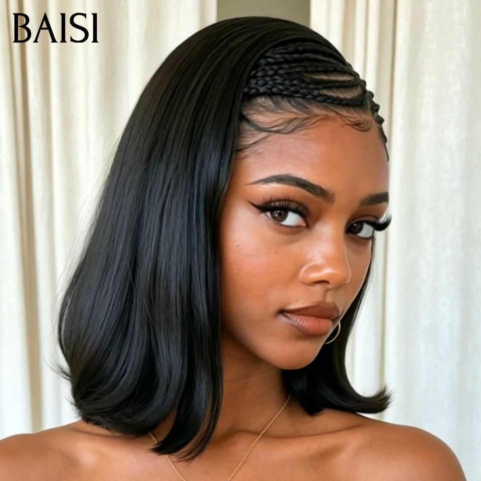 BAISI 13x6 Lace Perruque Coiffée Bob Lisse 8Pouces 99€ Couleur Noir 1B# Devanture Petites Nattes Pratiques Au Quotidien en 100% Cheveux humains