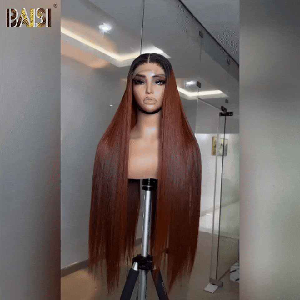 BAISI 13x4 Lace Frontal Wig Smooth Brown #1BT4 in 100% Human Hair