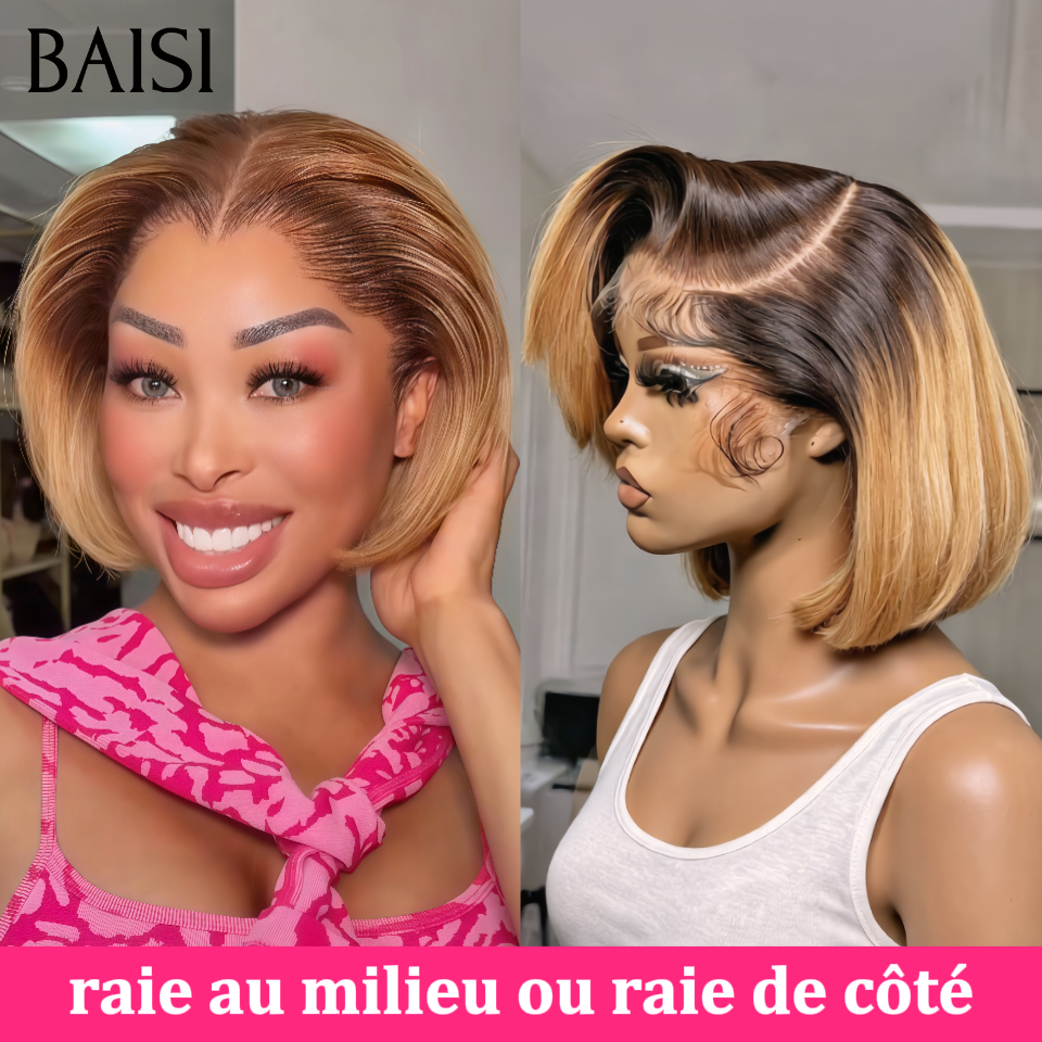 BAISI 13X4 lace Perruque Bob Lisse Couleur Marron Miel 4/27# 10 Pouces 86€ Seulement Raie au milieur ou Raie de Côté Très Bonne Qualité en 100% Cheveux Humains
