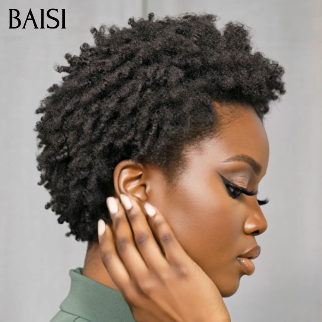 BAISI 13x4 lace Perruque Pixie Afro Curl 78€ en couleur Noir Magnifique Boucle en 100% Cheveux Humains