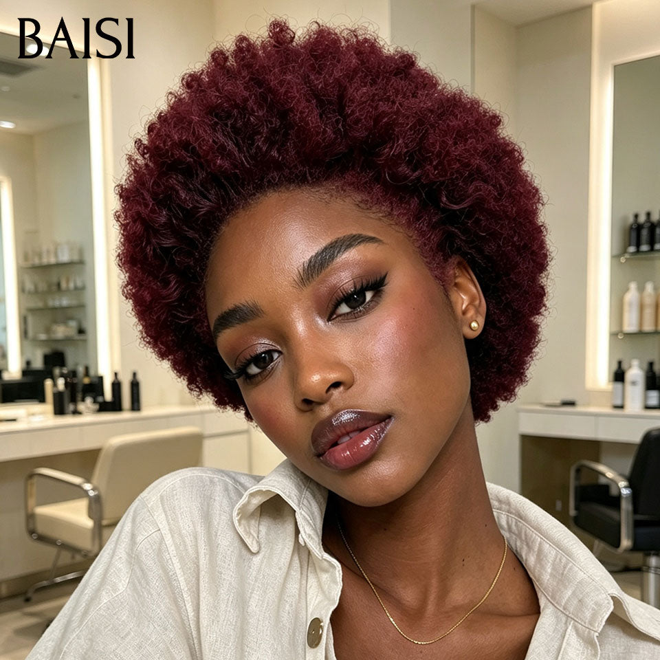BAISI Perruque Pixie Afro Curly Couleur Rouge Bordeaux 99J# Sans Lace Sans Colle Facile à Porter Et Sublime en 100% Cheveux humains