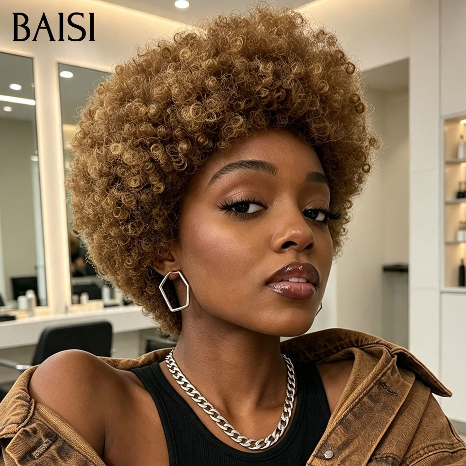BAISI 13x4 Lace Perruque Pixie Afro Curly Couleur Mixte Miel 4/27# Super Elégante en 100% Cheveux humains