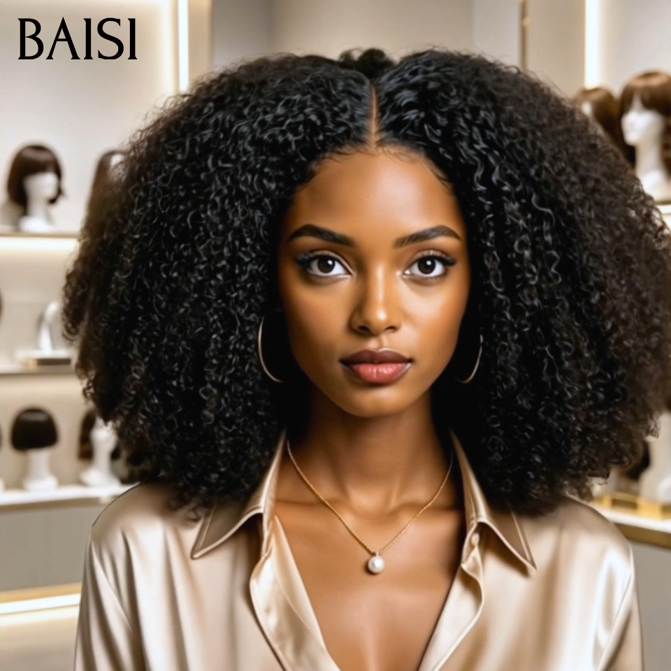 BAISI 4x4 Lace Perruque Kinky Afro Sans Colle 18Pouces 168€ Couleur Noir 1B# Pratique Facile A porter Volume Bien Pleine en 100% Cheveux humains