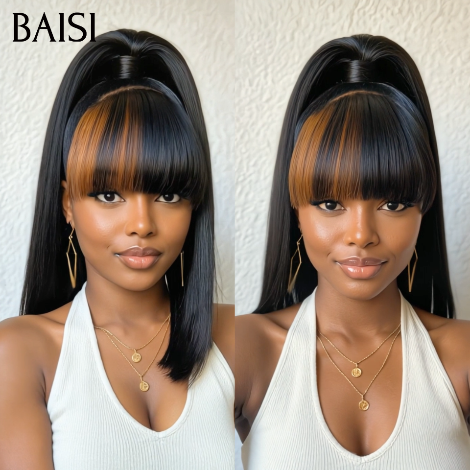 BAISI 13x4 Lace Perruque Coiffée Bob Lisse 14Pouces 159€ Avec Frange Moitié Marron Moitié Noir 1B/4# Déjà Prête A Porter Style Audacieux en 100% Cheveux humains