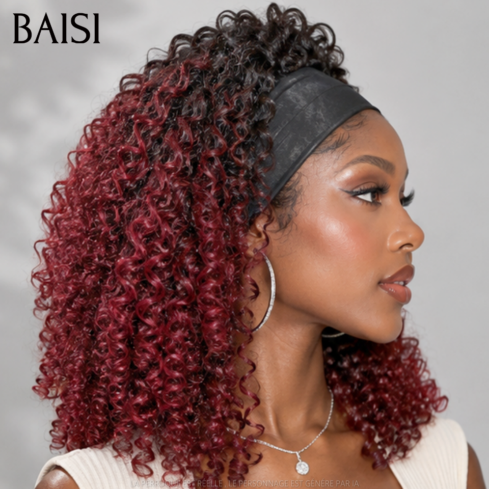 BAISI Perruque Bob Bandeau Curly 14 Pouces 99€ Couleur Rouge Bordeaux Racine Noir 1B/99J# Sans Colle  Pratique Au Quatidien en 100% Cheveux humains