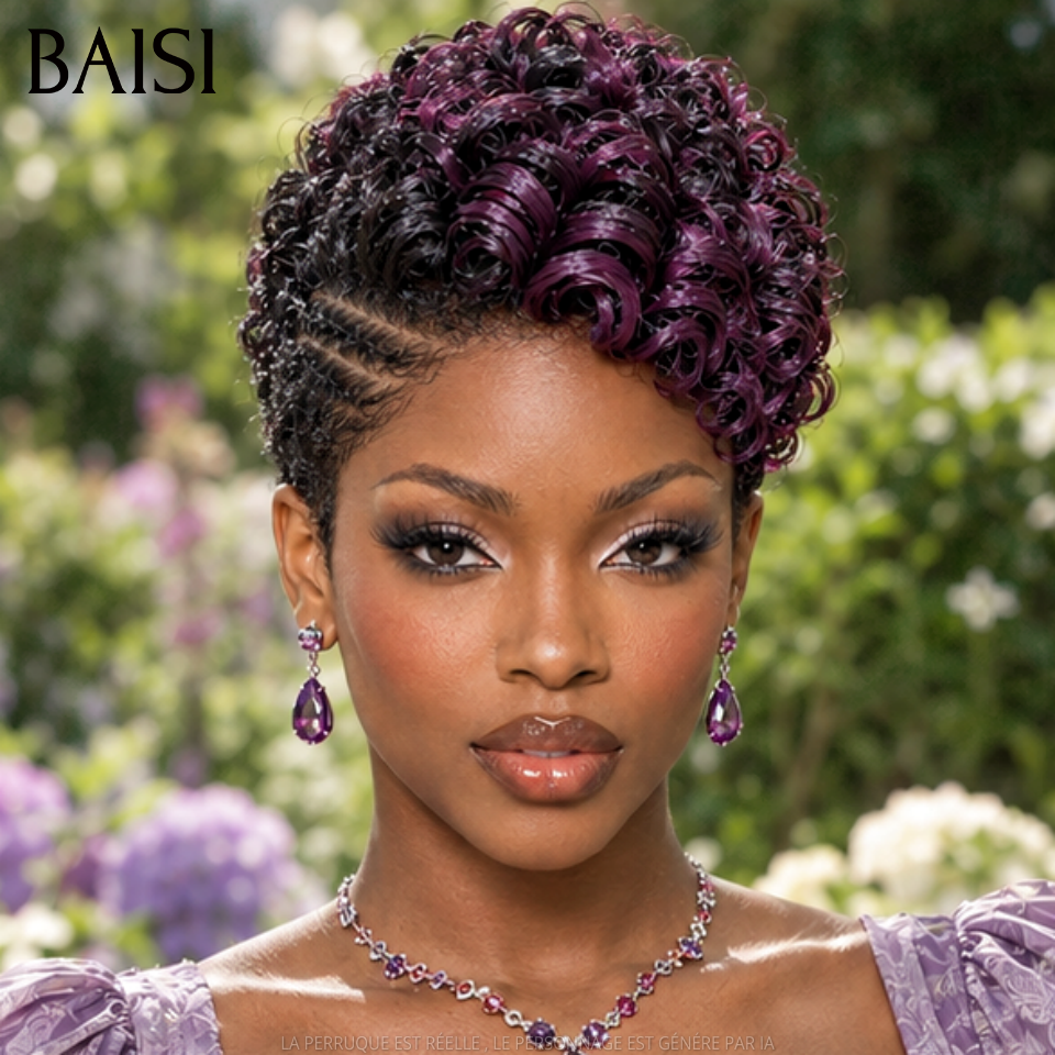 BAISI Full Lace Perruque Pixie Courte Wave 179€ en Couleur Violet  Nouvelle Tendance en Furie Qualité Rien A Dire en 100% cheveux humains