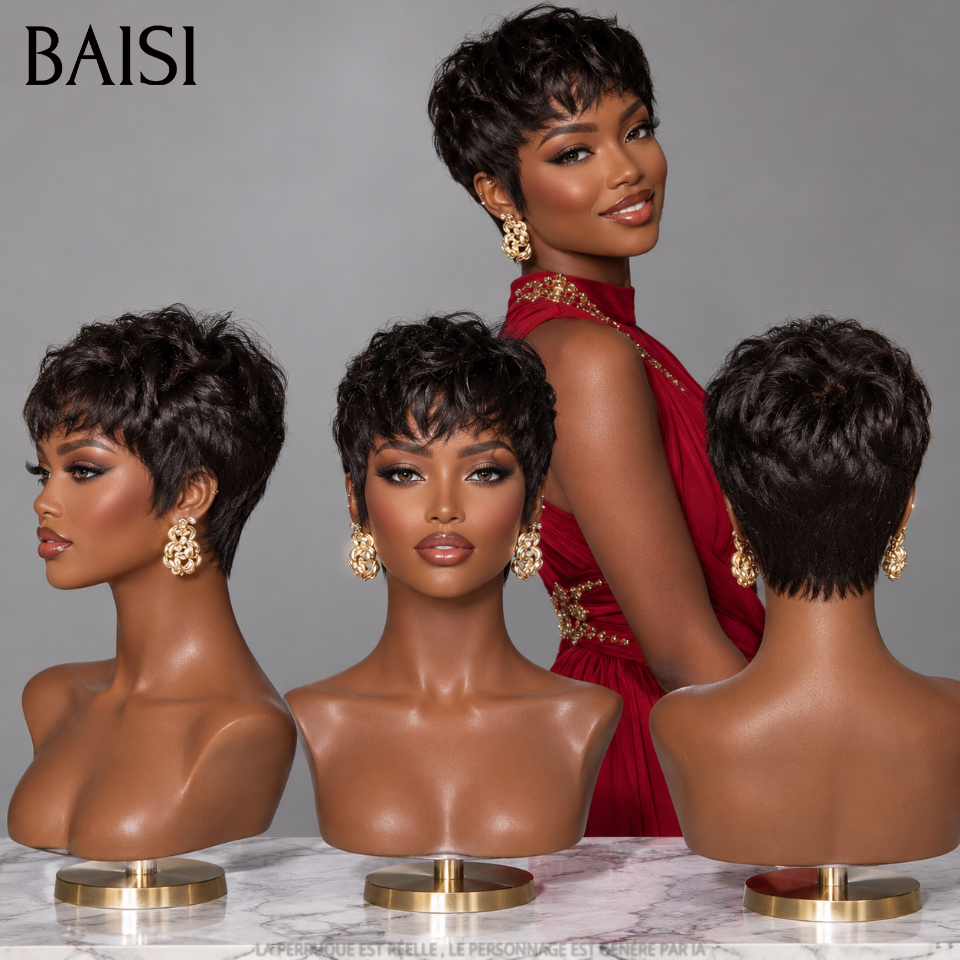 BAISI Perruque Lisse NATUREL Pixie à la mode moitié prix 47€ sans Colle en 100% Cheveux Humains MP50