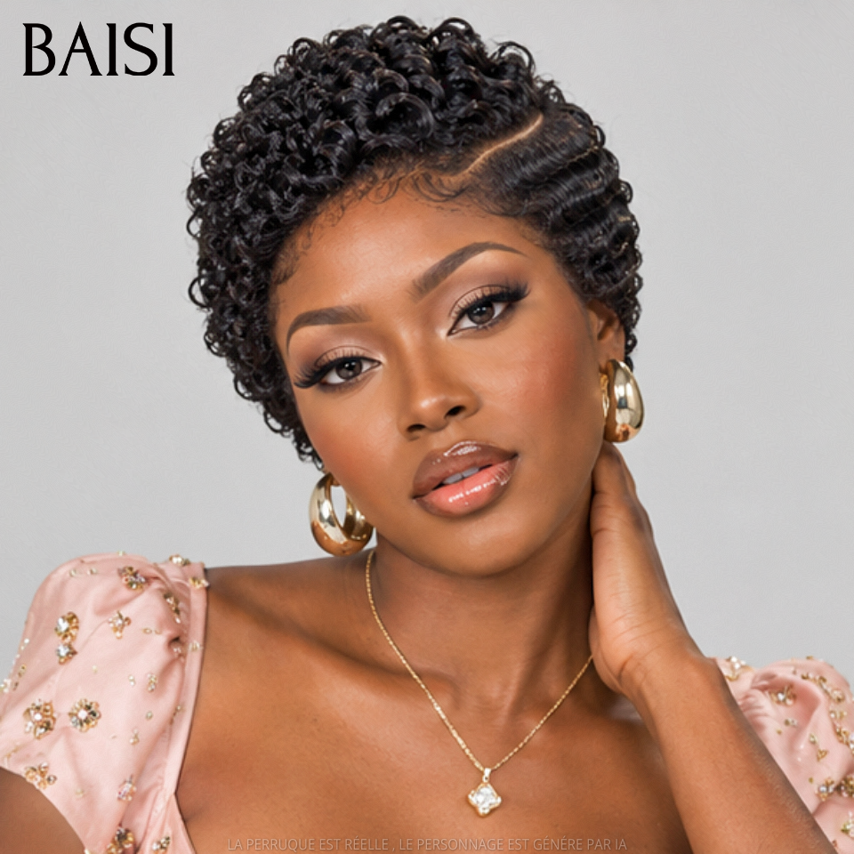 BAISI Perruque Pixie Wave Noir Frontal Raie  de Côté  Esthétiquement TOP 119€ ou en Full Lace 169€ Couleur Noir Très Bonne Qualité en 100% Cheveux humains