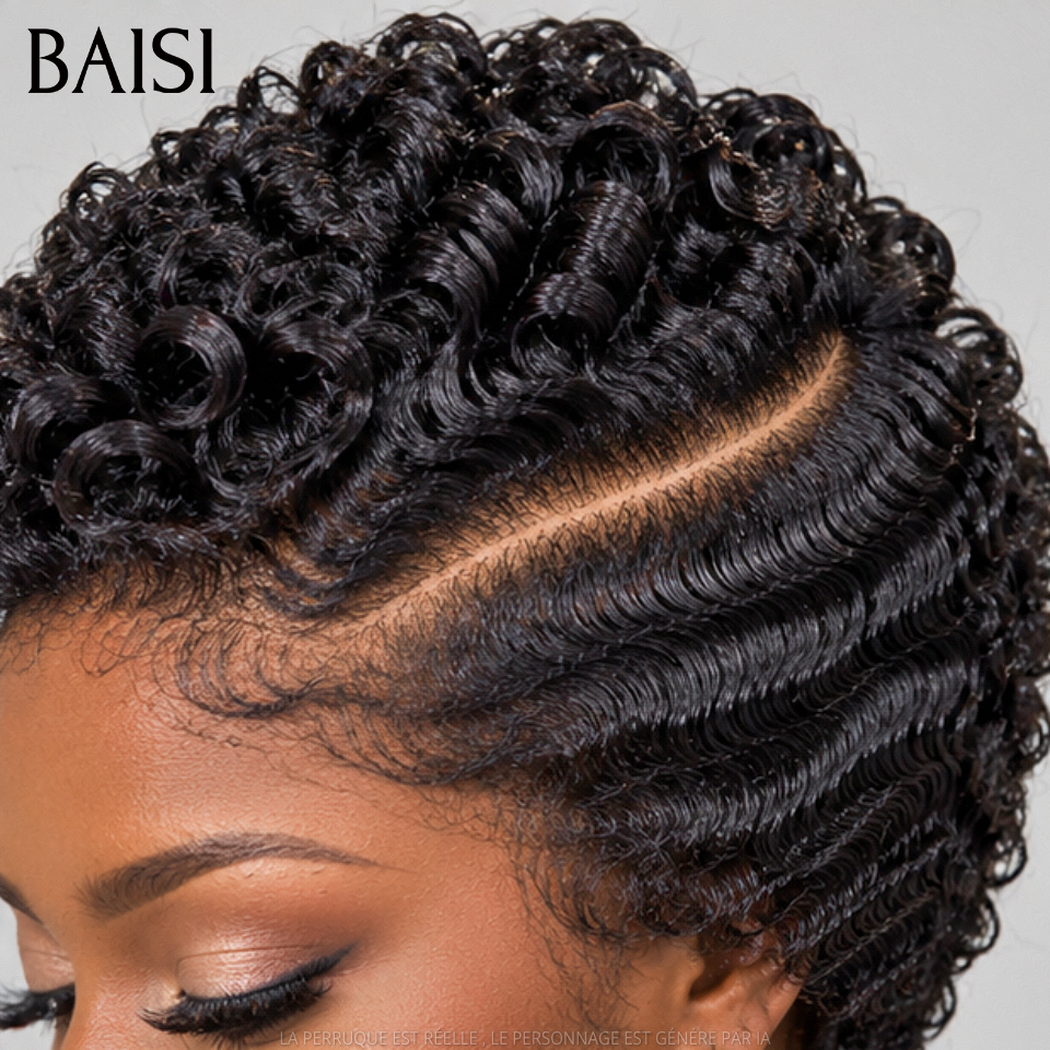 BAISI Perruque Pixie Wave Noir Frontal Raie  de Côté  Esthétiquement TOP 119€ ou en Full Lace 169€ Couleur Noir Très Bonne Qualité en 100% Cheveux humains