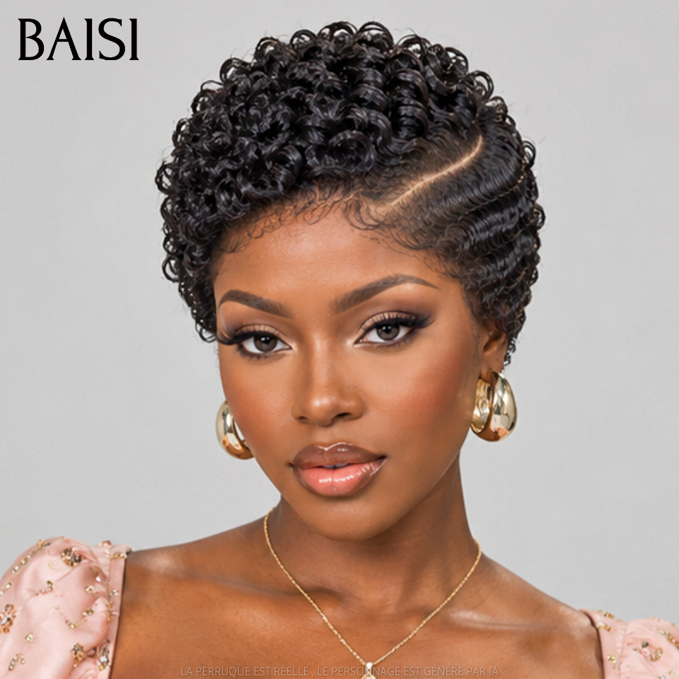 BAISI Perruque Pixie Wave Noir Frontal Raie  de Côté  Esthétiquement TOP 119€ ou en Full Lace 169€ Couleur Noir Très Bonne Qualité en 100% Cheveux humains