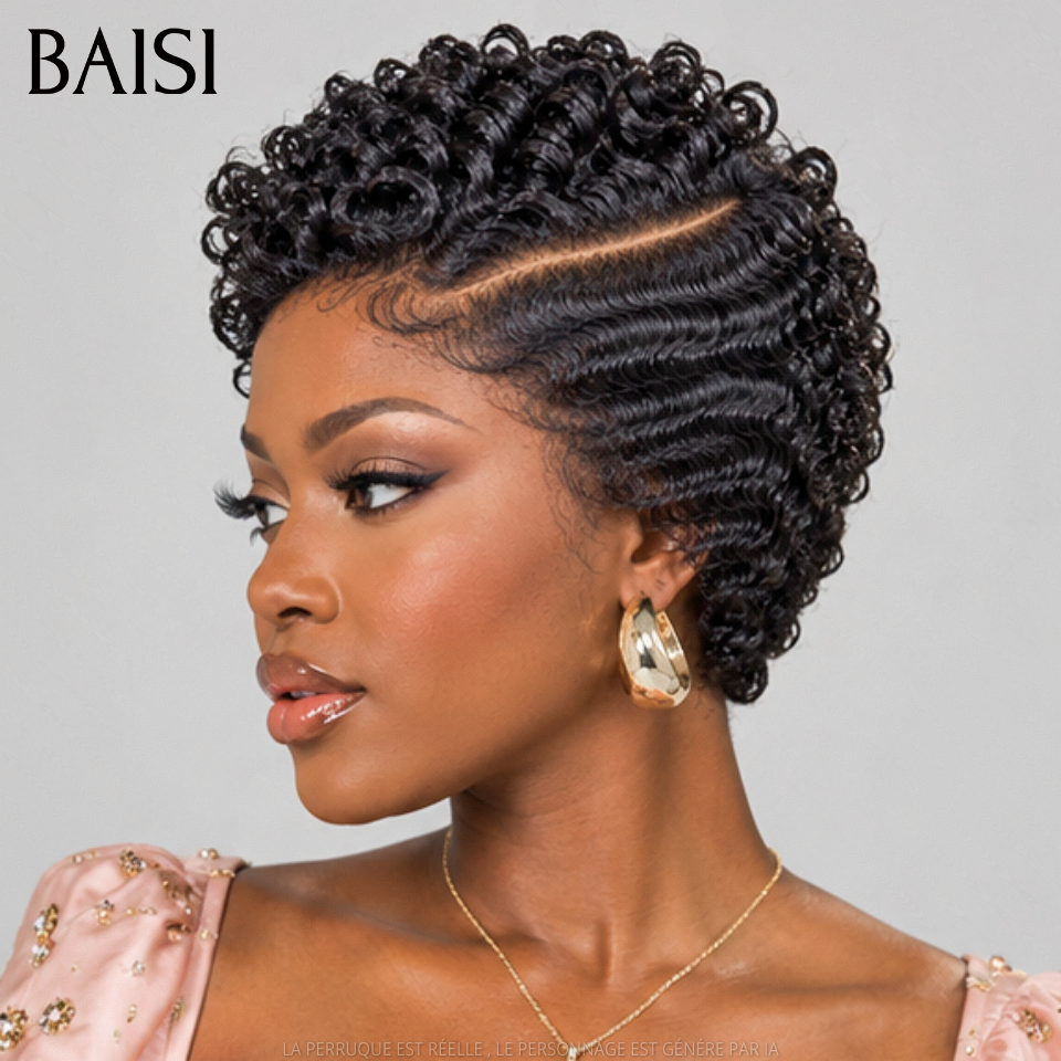 BAISI Perruque Pixie Wave Noir Frontal Raie  de Côté  Esthétiquement TOP 119€ ou en Full Lace 169€ Couleur Noir Très Bonne Qualité en 100% Cheveux humains