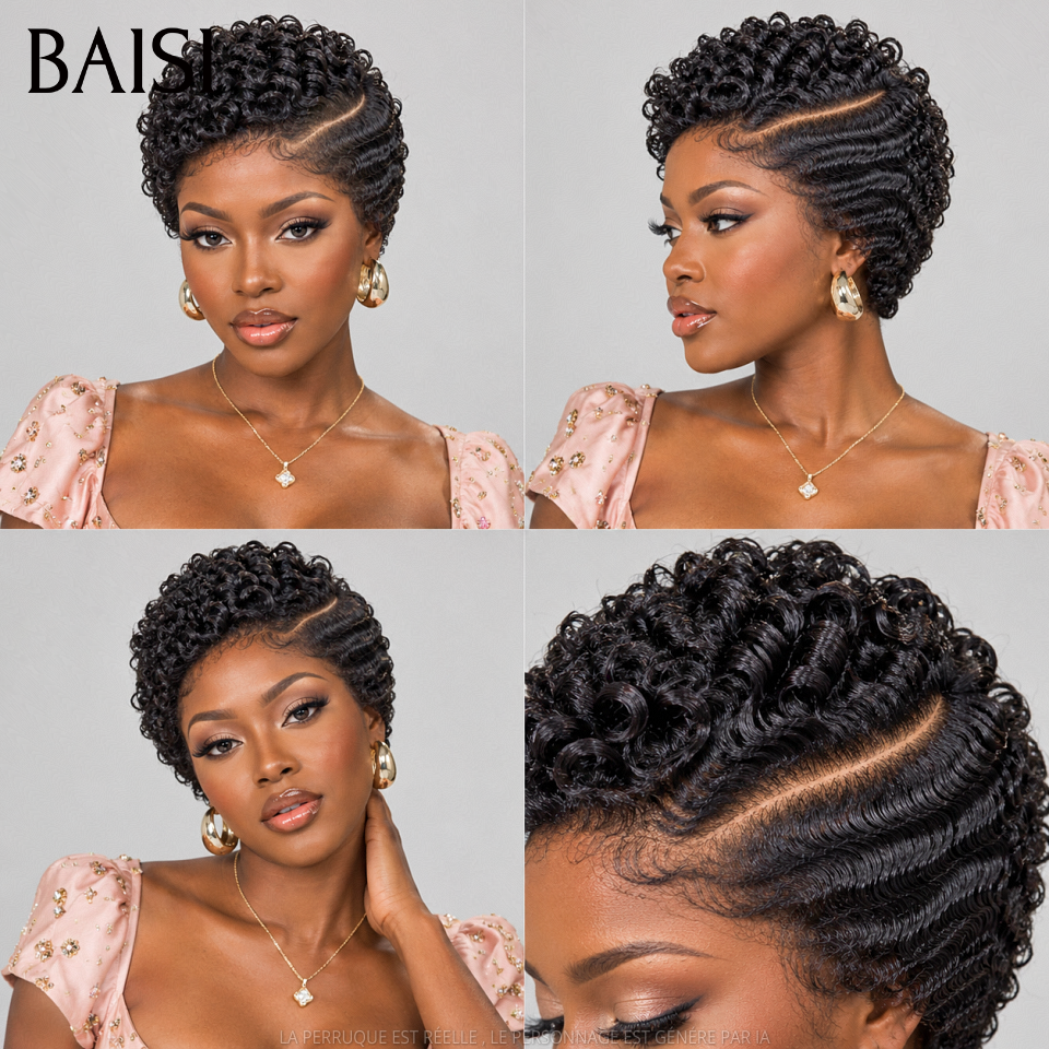BAISI Perruque Pixie Wave Noir Frontal Raie  de Côté  Esthétiquement TOP 119€ ou en Full Lace 169€ Couleur Noir Très Bonne Qualité en 100% Cheveux humains