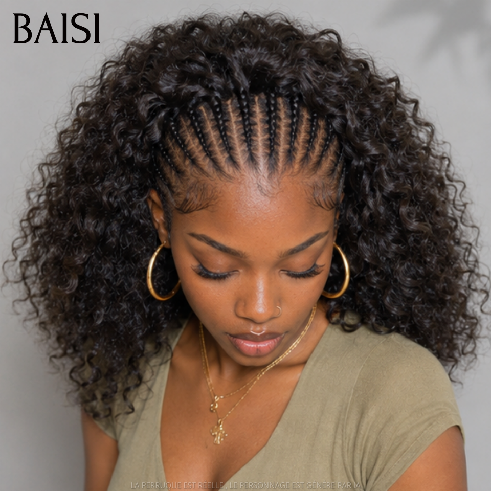 BAISI 13x4 lace Perruque Coiffée Curly Wave Bouclée Noir 1B# 10Pouces 86€ ou 14Pouces 136€ Seulement Avec Petites Nattes au devant Prêt à Porter en 100% Cheveux Humains