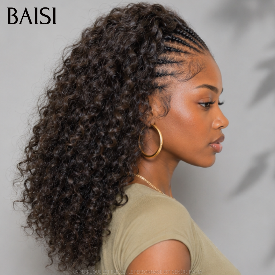 BAISI 13x4 lace Perruque Coiffée Curly Wave Bouclée Noir 1B# 10Pouces 86€ ou 14Pouces 136€ Seulement Avec Petites Nattes au devant Prêt à Porter en 100% Cheveux Humains