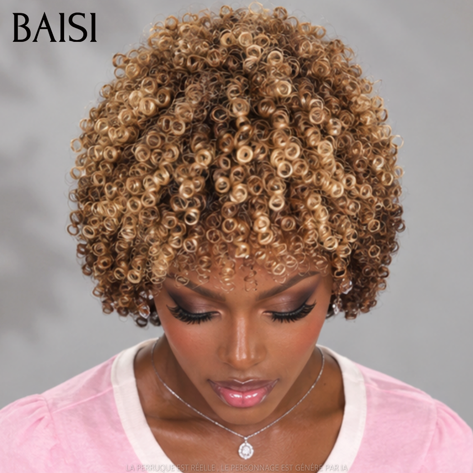 BAISI Perruque Pixie Courte Afro Curl 66€ en Couleur Miel Marron 27/4# Sans Lace  Sans Colle Facile A Porter en 100% cheveux humains
