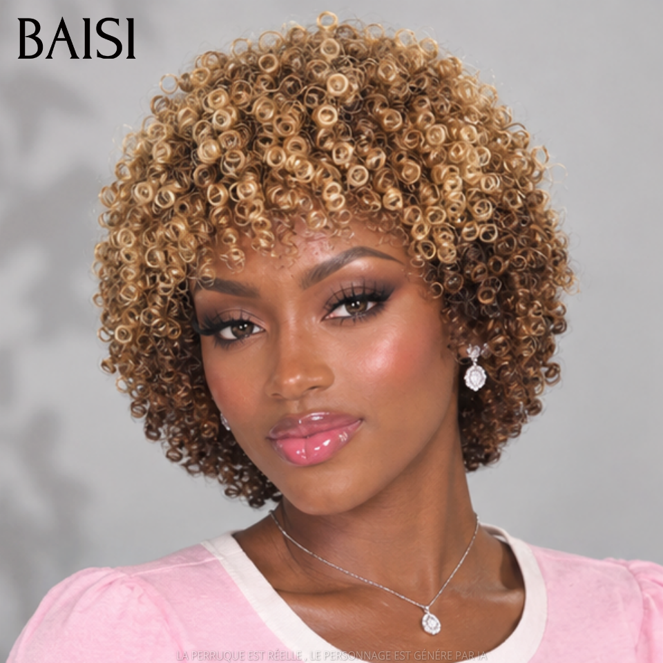 BAISI Perruque Pixie Courte Afro Curl 66€ en Couleur Miel Marron 27/4# Sans Lace  Sans Colle Facile A Porter en 100% cheveux humains