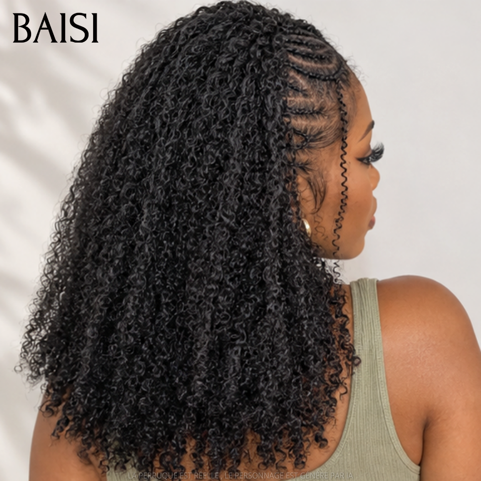 BAISI 13x4 lace Perruque Coiffée Kinky Curly Noir 1B# Devanture Tressée 100% Identique Deja Prête A Porter Solde Moitié Prix en 100% Cheveux Humains MP50