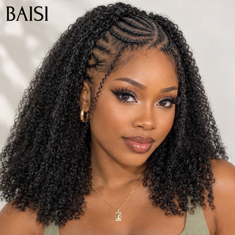 BAISI 13x4 lace Perruque Coiffée Kinky Curly Noir 1B# Devanture Tressée 100% Identique Deja Prête A Porter Solde Moitié Prix en 100% Cheveux Humains MP50