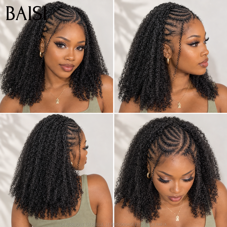 BAISI 13x4 lace Perruque Coiffée Kinky Curly Noir 1B# Devanture Tressée 100% Identique Deja Prête A Porter Solde Moitié Prix en 100% Cheveux Humains MP50