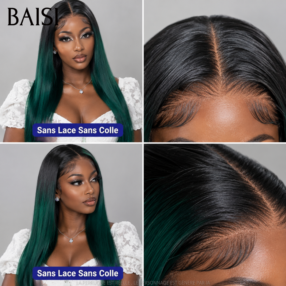 BAISI 4x4 Perruque Lisse en Couleur #1B Vert Sans Colle Lace déjà couper Facile à Porter en 100% Cheveux Humains