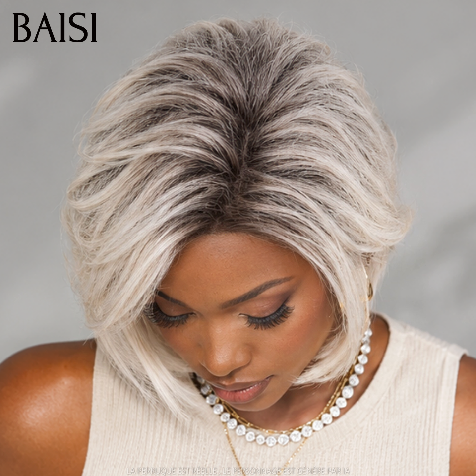 BAISI 13x4 Lace Sans Colle Perruque Pixie Lisse 10Pouces 109€ Couleur Lait au Beurre Avec Racine Noir Très Original en 100% cheveux humains