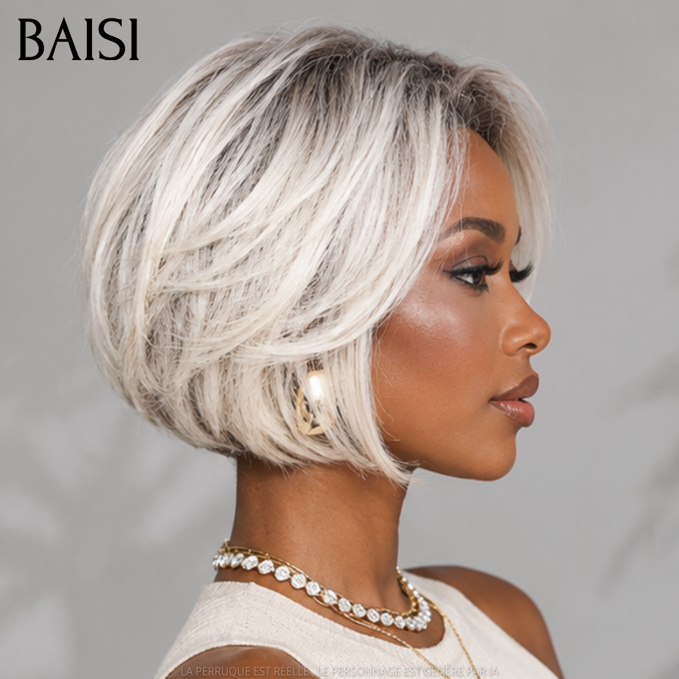 BAISI 13x4 Lace Sans Colle Perruque Pixie Lisse 10Pouces 109€ Couleur Lait au Beurre Avec Racine Noir Très Original en 100% cheveux humains