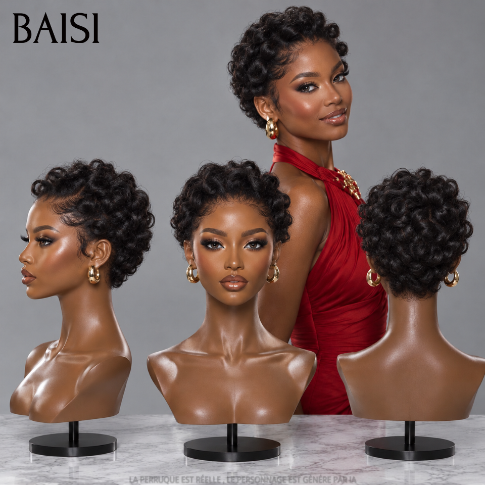 BAISI Perruque Pixie avec frontal finger wave 55€ ou Lisse en couleur miel 4T27# 88€ moitié prix sans colle sans lace 100% Cheveux Humains Fabriqué à la Machine MP50