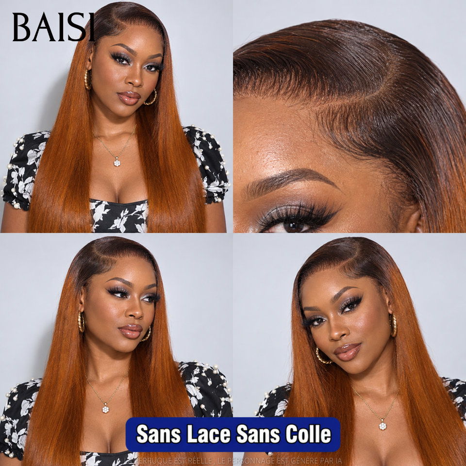 BAISI 13x4 Frontal Perruque Lisse en couleur #1B#30 Pré-plucked Pas Besoin de Colle en 100% Raw Hair Lace déjà couper