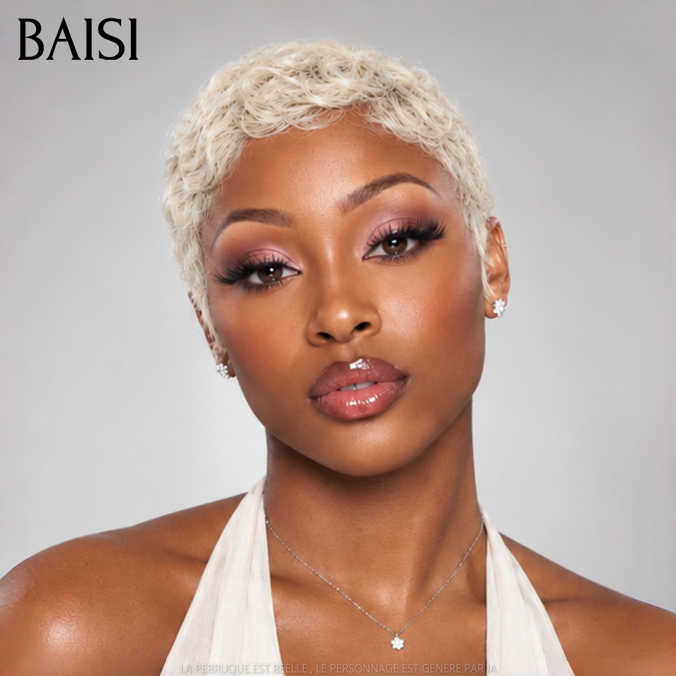 BAISI Perruque Pixie Courte Lisse Légère Vague 55€ Couleur Blonde #613 Sans Colle Sans Lace en 100% cheveux humains