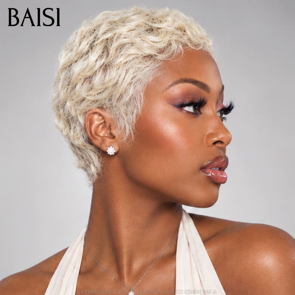 BAISI Perruque Pixie Courte Lisse Légère Vague 55€ Couleur Blonde #613 Sans Colle Sans Lace en 100% cheveux humains