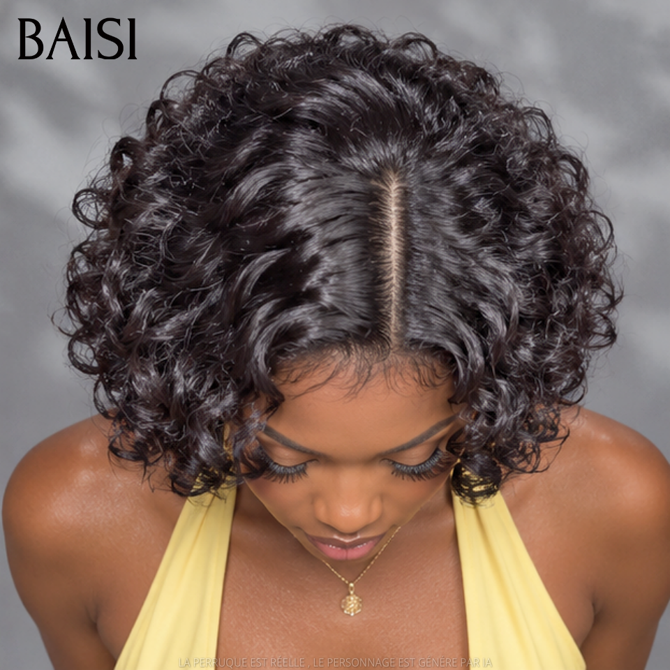 BAISI Perruque curly wave 10 Pouces BOB sans lace Fabriqué à la Machine Promotion 69€ NOIR en 100% Cheveux Humains